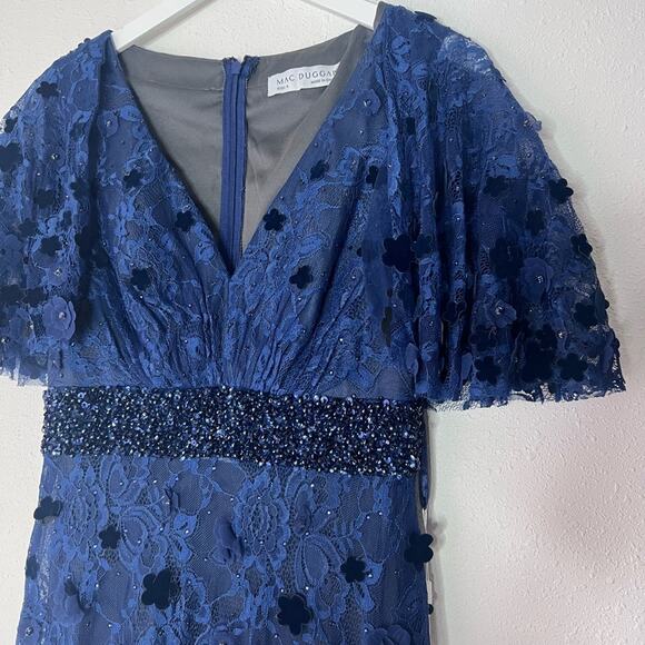Mac Duggal - 67712 V Neck Bell Sleeve Lace Dress Size 4 Navy Blue NWT - Picture 4 of 8
